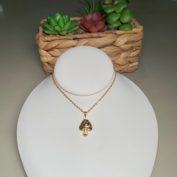 Whimsical Mushroom Pendant Necklace, 19” chain - Picture 3 of 10